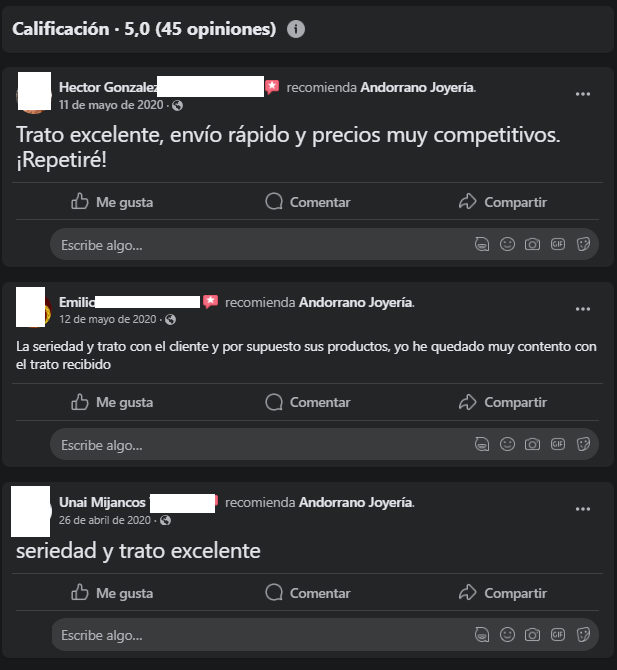 Opiniones en Meta de Andorrano Joyería - Captura de pantalla